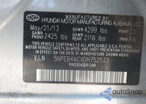 2013 Hyundai Sonata Gls z USA, uszkodzony, nr VIN 5NPEB4ACXDH752572